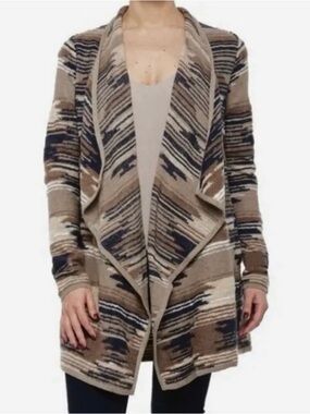 Lucky Brand Draped Open-Front Cardigan in Taupe and Navy Abstract Stripe